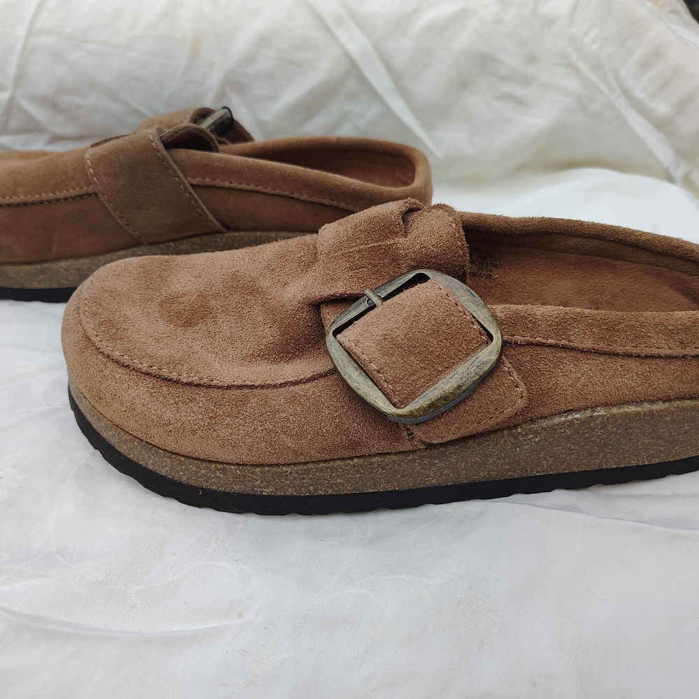 Tan Suede Buckle Slip-On Clogs